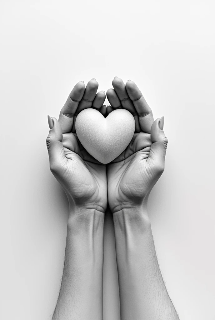 Imagine two hands gently cupping a heart that seems to emerge from the paper. The hands are realistic, showing details like skin texture, shadows, and slight wrinkles. The heart is positioned between the hands, appearing three-dimensional with light and shadow effects, giving it a sense of depth and making it look like it's hovering just above the paper. Provide me the 3d pencil drawing of this
