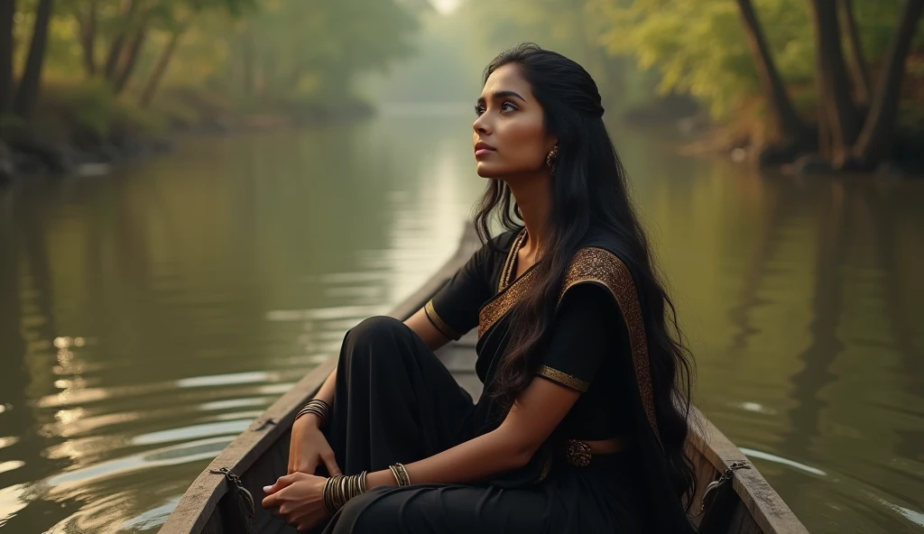 (photorealism:1.2), (masterpiece),(highly detailed),Hd,4k, beautiful bengali woman, sitting on little boat, wearing a black color sarri with matching blouse, long black hair, indoors, soft lighting, river in background, relaxed pose, realistic, intricate details, warm colors, looking into sky, looking to real bengali women,