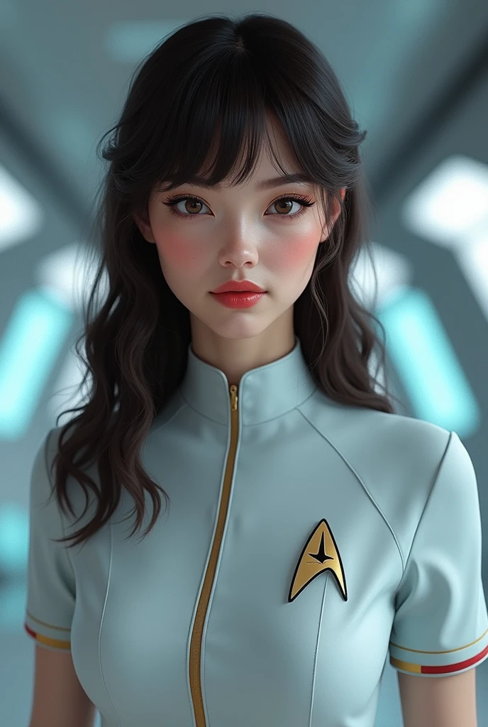 A girl with dark brown wavy hair in a medium length, with bangs, With dark brown almond-shaped eyes and a pinkish complexion , thin red lips and with the medical uniform.  the Star Trek 