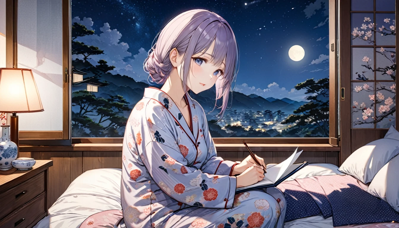 Ukiyo-e, Japanese painting, woodblock print, anime, manga, comics, figure, Beautiful woman,Wearing modern pajamas, Night sky from window,Staring dreamily at a love letter、The soft moonlight illuminates her face、Cozy bedroom setting、Romantic and tranquil atmosphere、Photorealistic、Very detailed