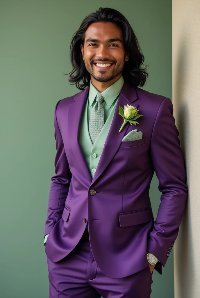 A dusty purple wedding suit with sage green accents on a Italian, white, black, and Phillipino man with shoulder leaght wavy balck hair with no facial hair and is smiling sweetly
