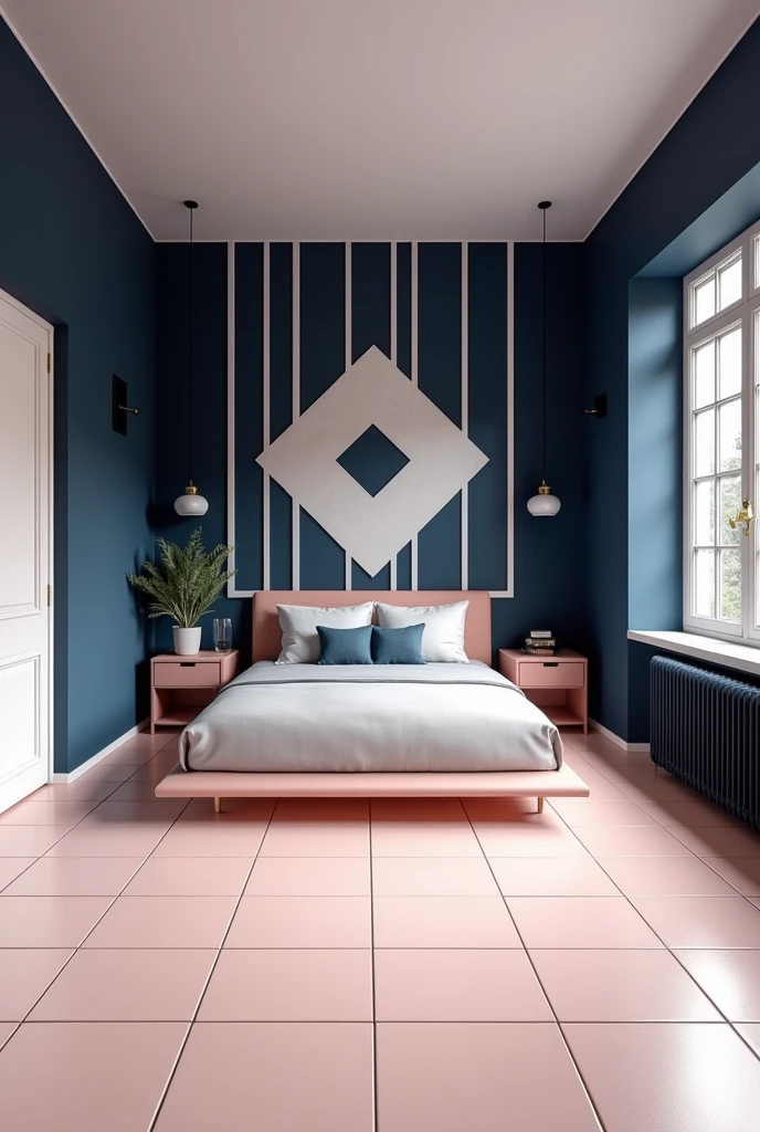 A room with light pink tiles and sky blue colour. The tiles are of 2*4 feet. Make room bigger and change the sky blue to navy blue with geometric pattern design in crisp white and navy blue, it's a bedroom.