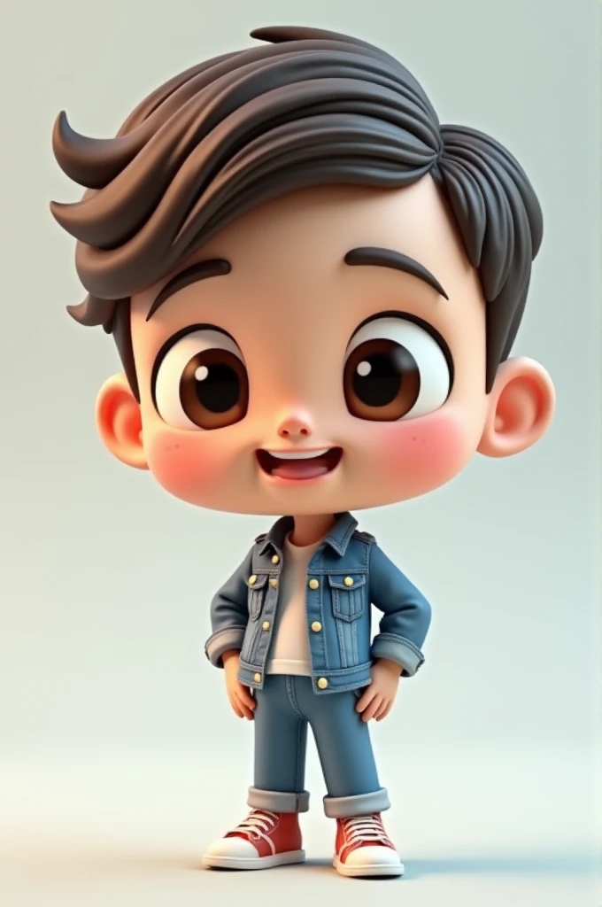 male/ female, 3d cartoon, 3d, cartoon, character, big head, wearing jeans jacket