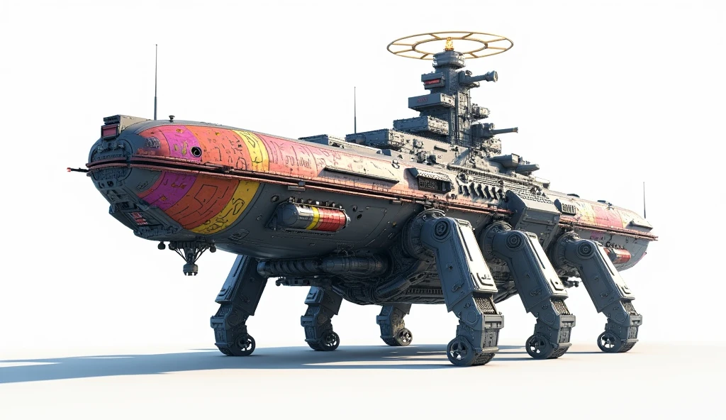 A long wide giant heavily armored divine futuristic flying all terrain biomechanical space warship covered in rainbow batik pattern and glowing javanese runic symbols, multiple retractable cybernetic spider legs with wheels on the tip, divine halo, flying hovercraft, flying submarine, flying aircraft carrier, flying hotel, flying resort, flying city, flying skyscraper, flying cruise ship, flying yacht, flying castle, flying military base, multiple thrusters, multiple helipad, multiple propeller, mobile headquarters, mobile command center, automatic turrets, missile banks, missile defense system, multi-port rear engine arrays, large pivoted missile pods, anti-air batteries, reactive armour over vital spaces, VTOL thrusters, ventral ground-facing VTOL thruster bays, retractable center cannon, super carrier, sky carrier, space station, floating city, floating castle, white background