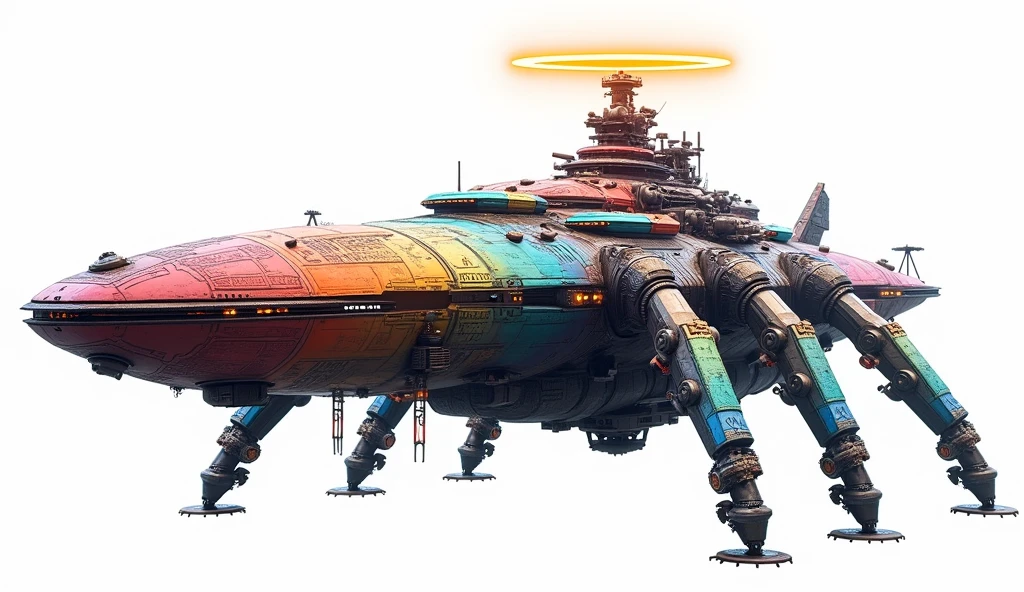 A long wide giant heavily armored divine futuristic flying all terrain biomechanical space warship covered in rainbow batik pattern and glowing javanese runic symbols, multiple retractable cybernetic spider legs with wheels on the tip, divine halo, flying hovercraft, flying submarine, flying aircraft carrier, flying hotel, flying resort, flying city, flying skyscraper, flying cruise ship, flying yacht, flying castle, flying military base, multiple thrusters, multiple helipad, multiple propeller, mobile headquarters, mobile command center, automatic turrets, missile banks, missile defense system, multi-port rear engine arrays, large pivoted missile pods, anti-air batteries, reactive armour over vital spaces, VTOL thrusters, ventral ground-facing VTOL thruster bays, retractable center cannon, super carrier, sky carrier, space station, floating city, floating castle, white background