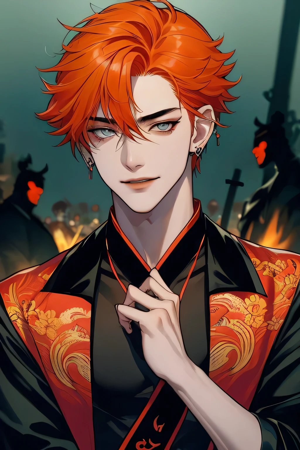 anime man in night city, attractive man with желтые глаза глаза while щурясь, adult man, orange hair, black loose shirt, (((No jewelry on clothes))), beautiful detailed eyes,  (Best quality,4K,8 thousand.,a high resolution,masterpiece:1.2), Ultra detailed, bright colors, dark lighting, cinematic, A sly smile on her face, katana in hand, Chinese inspired clothing, fire, fire hair