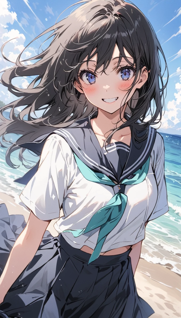 high school girl　beauty　Black Hair　smile　Embarrassing　blush　Black Sailor Suit　I flipped up my skirt　Pure white underwear　tits　Be excited　Roll up your skirt　Sandy Beach　Strong winds　Photograph the whole body