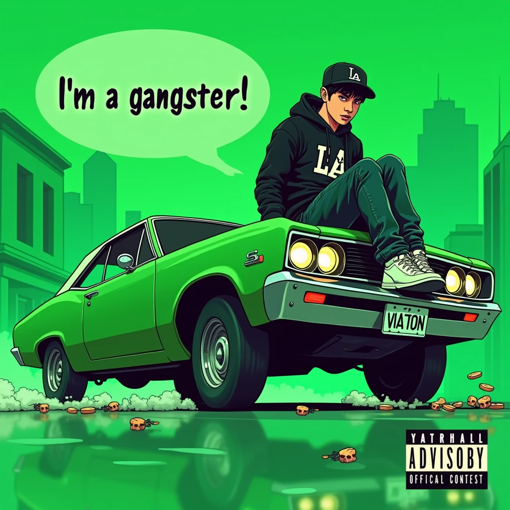 Image of a man sitting on the bonnet of a car, Yoshihiko Wada&#39;s album cover, winner of the behance contest, Doodle, official artwork, rap album cover, hip - hop album art cover, colored album art, hip hop music album cover, rap album cover art, official fanart, GTA Cover, hip hop album cover, album art cover, Cartoon character, oriental boy, Running car, Green background, green tea, Deep pressed black LA ball cap, white nike shoes, Black LA Hoodie, Baggy jeans worn down, black neighborhood, Skull, drug, The city seen from behind, korean, white smoke, Headlight light, Troublemakers, Bad boy, A lot of money flying around, Write I&#39;m a gangster like a character speech bubble, mischievous expression