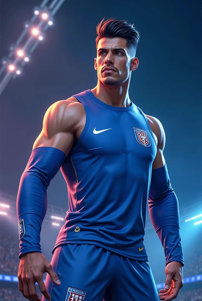 "Create a detailed image of an athletic man in top physical shape, with a well-defined body, muscular and tall, of approximately 1,87 meters high. He has tanned skin, short black hair, slicked back hairstyles with a modern twist. His face displays striking features, like high cheekbones, a firm jaw and expressive brown eyes that convey determination. He is wearing a stylish football uniform, consisting of a tight-fitting t-shirt that highlights your physical shape, shorts and high socks. The uniform must be predominantly in shades of red and white., with details reminiscent of an elite European football club. On the feet, he wears modern boots, designed for high-level performance. The scene takes place in a football stadium, with the background blurred to highlight the central figure."
