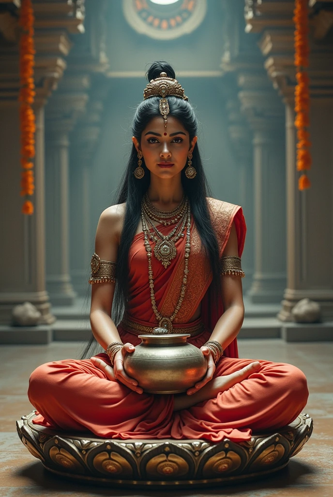 Photo of Indian god annpurna devi sitting on the base and left  hand A round metal pot 