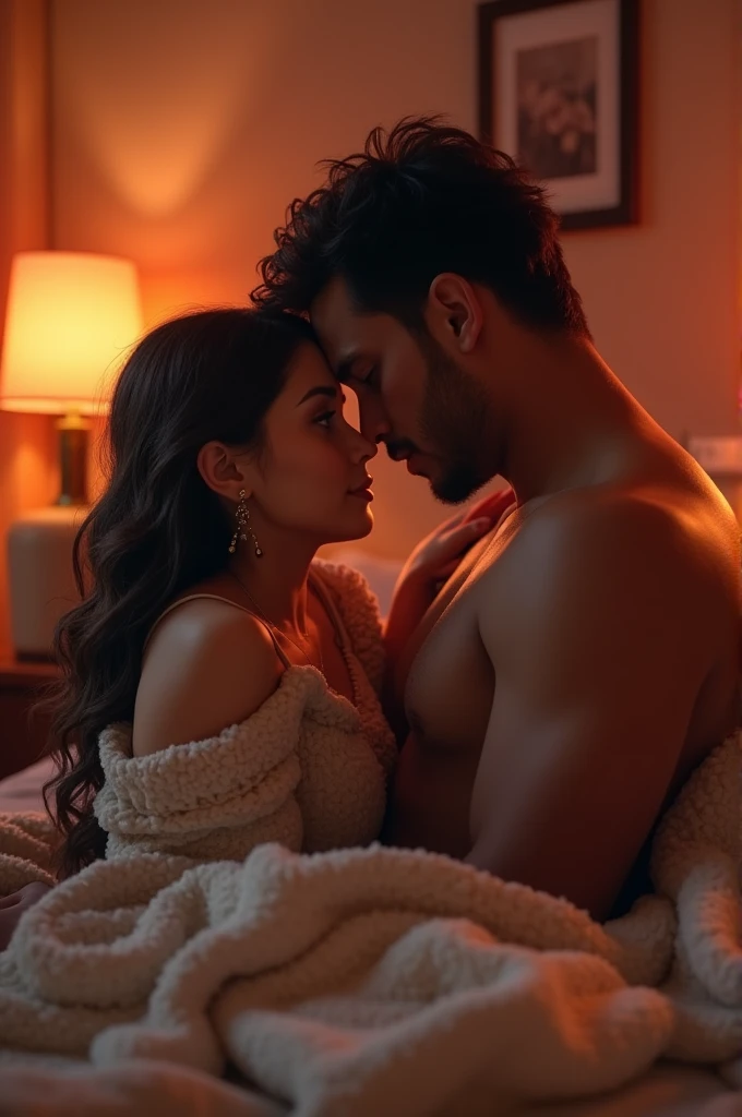 a couple bed sex romantic girl 18 chubby face and boy age is 24 chubby and dark brown create realistic 3D and high resolution HD work. Hot background.