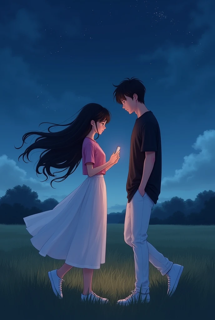 girl has black long hair and is pretty.she is wearing a pink top,a white skirt and blue shoes.he has black hair.He wears white shoes,white pants and a black shirt.it is night she looks at her cell phone he looks at her and smiles lovingly.the two walk side by side in a field