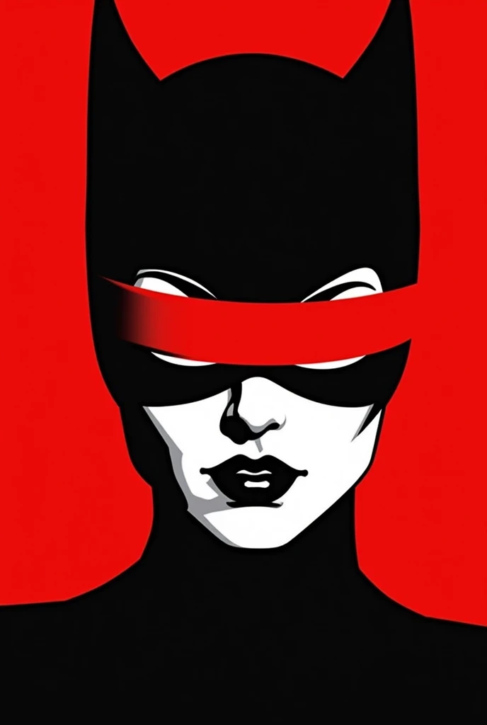 A stylized Art vectoriel portrait of Catwoman with a black and white face, partiellement obscurci par une bande rouge audacieuse sur ses yeux et sa bouche. L'arrière-plan est rouge uni. La figure semble solennelle, Art vectoriel