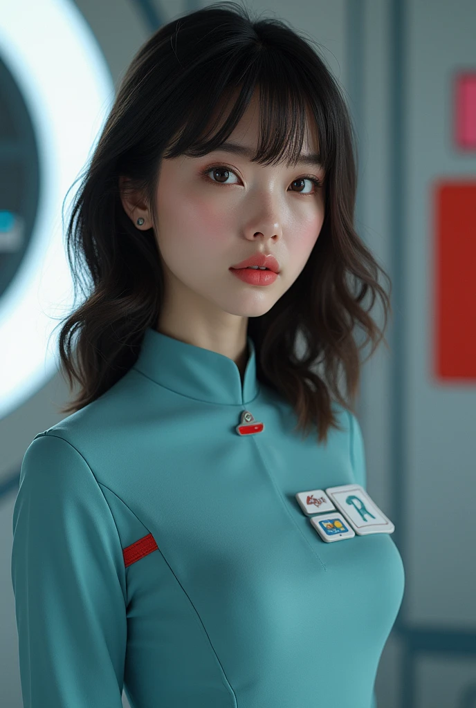 A girl with dark brown wavy hair in a medium length, with bangs, With dark brown almond-shaped eyes and a pinkish complexion , thin red lips and with the medical uniform.  the Star Trek 