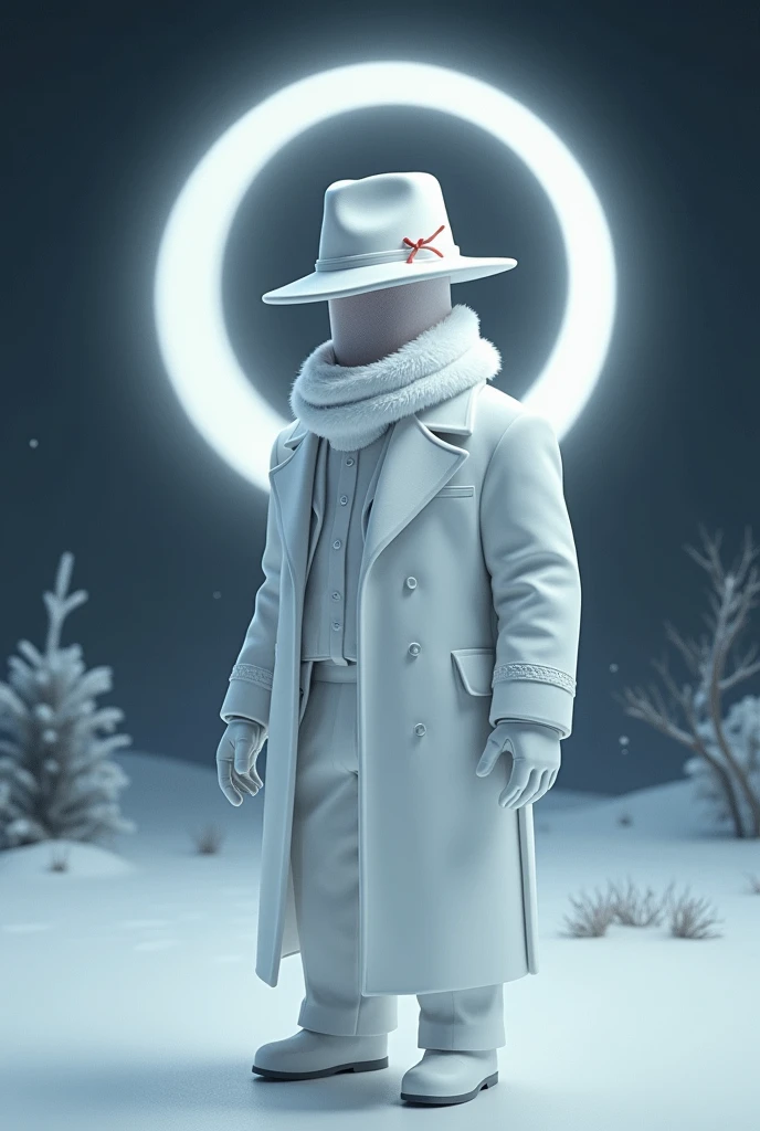 A man wears, white fedora hat with red small ribbon on the side of the hat, white glove, white suit, white glowing face, faceless, yin and yang symbol on behind above the moon, roblox, right view, void head, white winter scarf around his neck