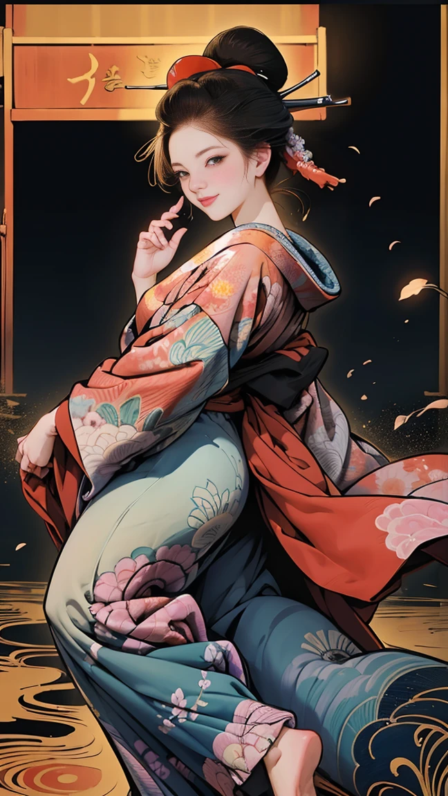 (SeaArt creates stunning digital illustrations of beautiful women in kimono)、A beautiful woman smiles and shows her upper white teeth、Vividly colored Japanese Ukiyo-e style illustrations、Brown-black long hair、Beautiful full body style、If you want to dance, dance along to the Tokyo Ondo, Yoi Yoi、Beautiful new digital paintings,、 Bright vibrant digital anime art、Beautiful anime portraits、The background is the torii gate of a Japanese shrine.、Detailed digital anime art、