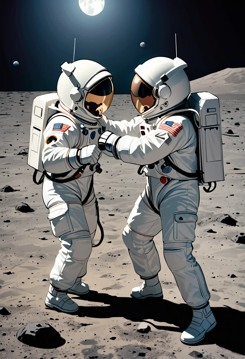 (masterpiece, best quality),(two astronauts fist fighting), quarrel,grappling, fighting each other,fighting pose,Punch, kick, punch! ,1969 moon landing video, moon surface, Apollo 11, lo-fi,