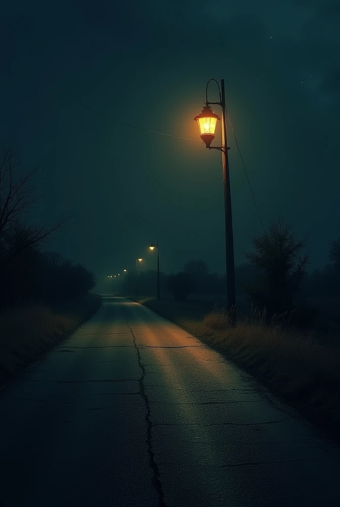 A lamp on a pole is burning on a deserted road in the dark night