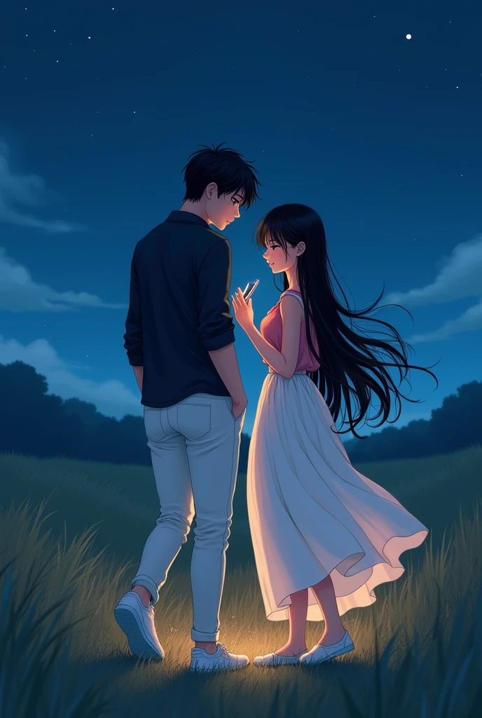 girl has black long hair and is pretty.she is wearing a pink top,a white skirt and blue shoes.he has black hair.He wears white shoes,white pants and a black shirt.it is night she looks at her cell phone he looks at her and smiles lovingly.the two walk side by side in a field
