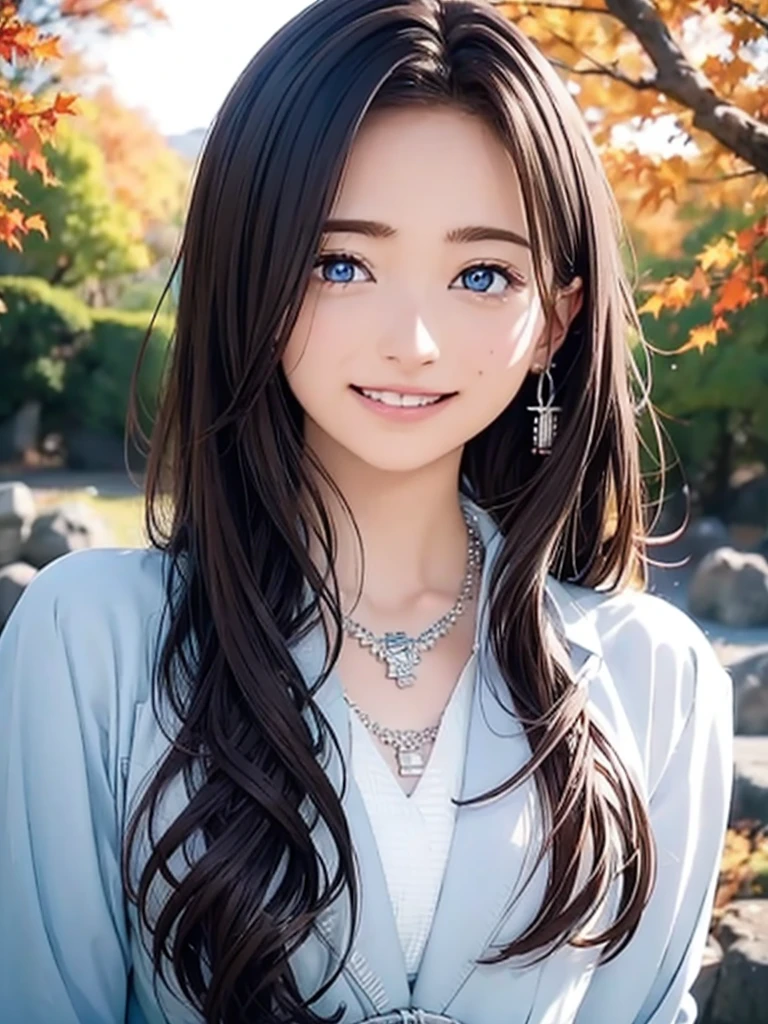 High resolution,8k,Highest quality,detailed,Semi-realistic anime,Anime 3D Style,Smooth anime CG,One Girl,A 20-year-old Japanese woman,slim,Modeled,Shiny brown hair, Tie your hair back,Medium Hair,detailedな顔,Beautiful and detailed,Glowing Skin,(Layering,Autumn and winter clothes),Earrings Beautiful,necklace,Winter in Japan,Dead Tree,Leaves fall,Hard Focus、Film Grain,Soft lighting,Wind,Looking at the audience,Laughter,