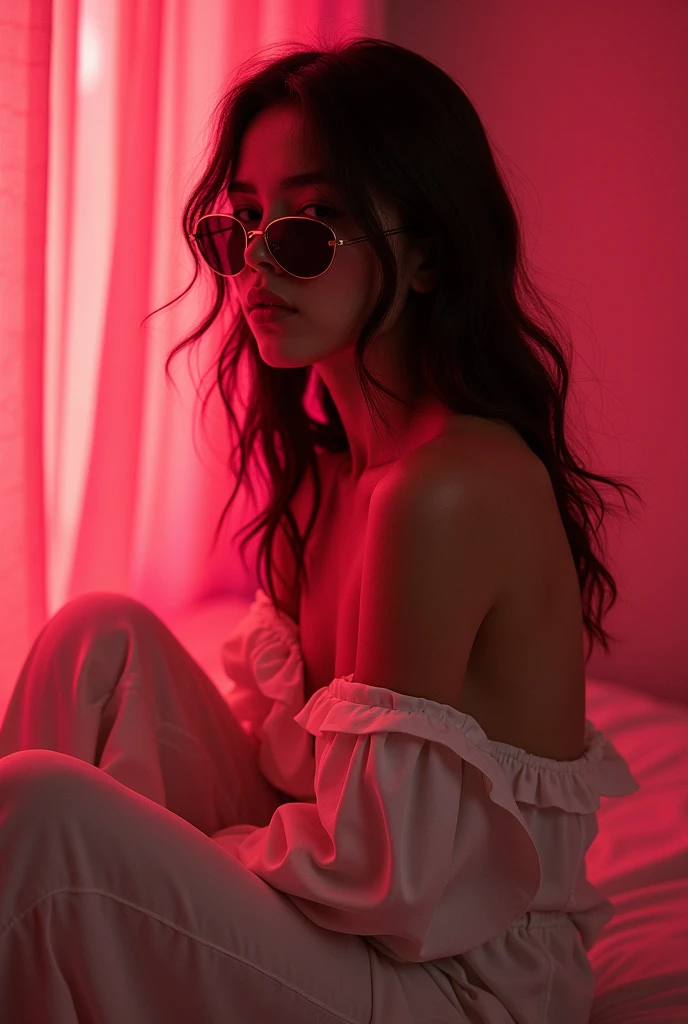 la plus haute qualité、chef-d'œuvre、Haute sensibilité、haute résolution、Description détaillée、Femmes minces、Lunettes、caraco blanc、Assis sur des tatamis、illuminée par un néon rose、D'une manière érotique