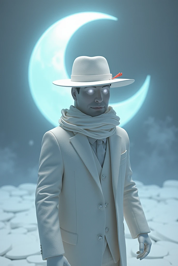 A man wears, white fedora hat with red small ribbon on the side of the hat, white glove, white suit, white glowing face, faceless, yin and yang symbol on behind above the moon, roblox, right view, void head, white winter scarf around his neck