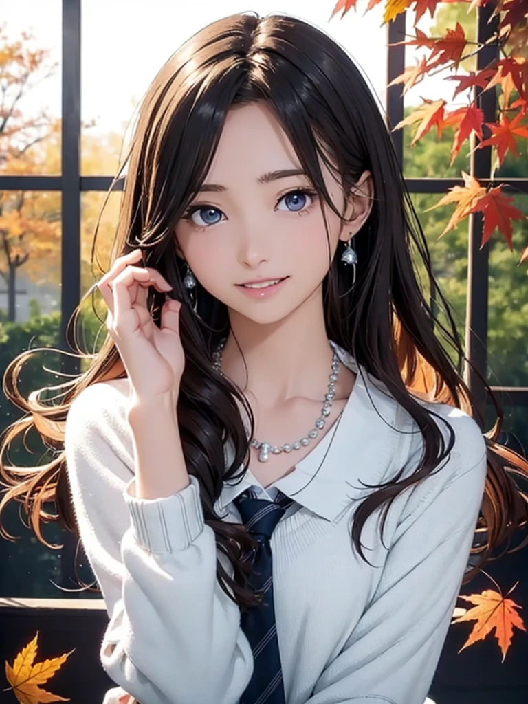 High resolution,8k,Highest quality,detailed,Semi-realistic anime,Anime 3D Style,Smooth anime CG,One Girl,A 20-year-old Japanese woman,slim,Modeled,Shiny brown hair, Tie your hair back,Medium Hair,detailedな顔,Beautiful and detailed,Glowing Skin,(Layering,Autumn and winter clothes),Earrings Beautiful,necklace,Winter in Japan,Dead Tree,Leaves fall,Hard Focus、Film Grain,Soft lighting,Wind,Looking at the audience,Laughter,