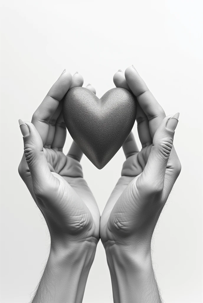Imagine two hands gently cupping a heart that seems to emerge from the paper. The hands are realistic, showing details like skin texture, shadows, and slight wrinkles. The heart is positioned between the hands, appearing three-dimensional with light and shadow effects, giving it a sense of depth and making it look like it's hovering just above the paper. Provide me the best 3d pencil drawing of this