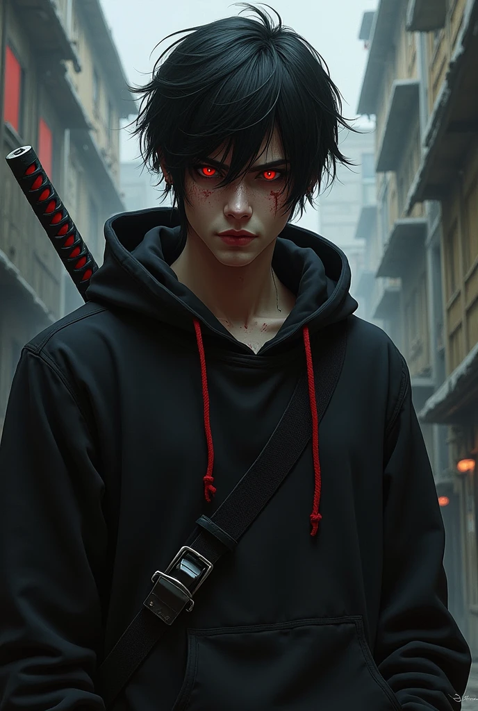 An injured male character with red eyes, black hair tossed to one side, black sweatshirt with red details, and a katana 