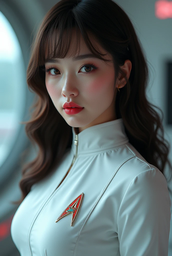 A girl with dark brown wavy hair in a medium length, with bangs, With dark brown almond-shaped eyes and a pinkish complexion , thin red lips and with the medical uniform. the Star Trek
