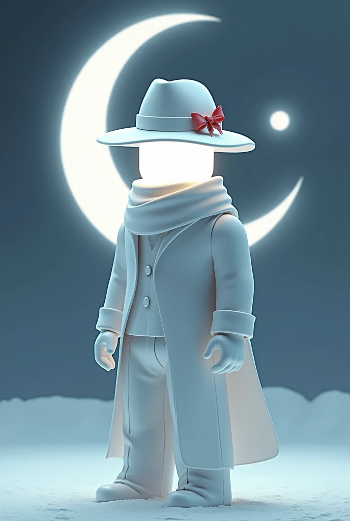 A man wears, white fedora hat with red small ribbon on the side of the hat, white glove, white suit, white glowing face, faceless, yin and yang symbol on behind above the moon, roblox, right view, void head, white winter scarf around his neck