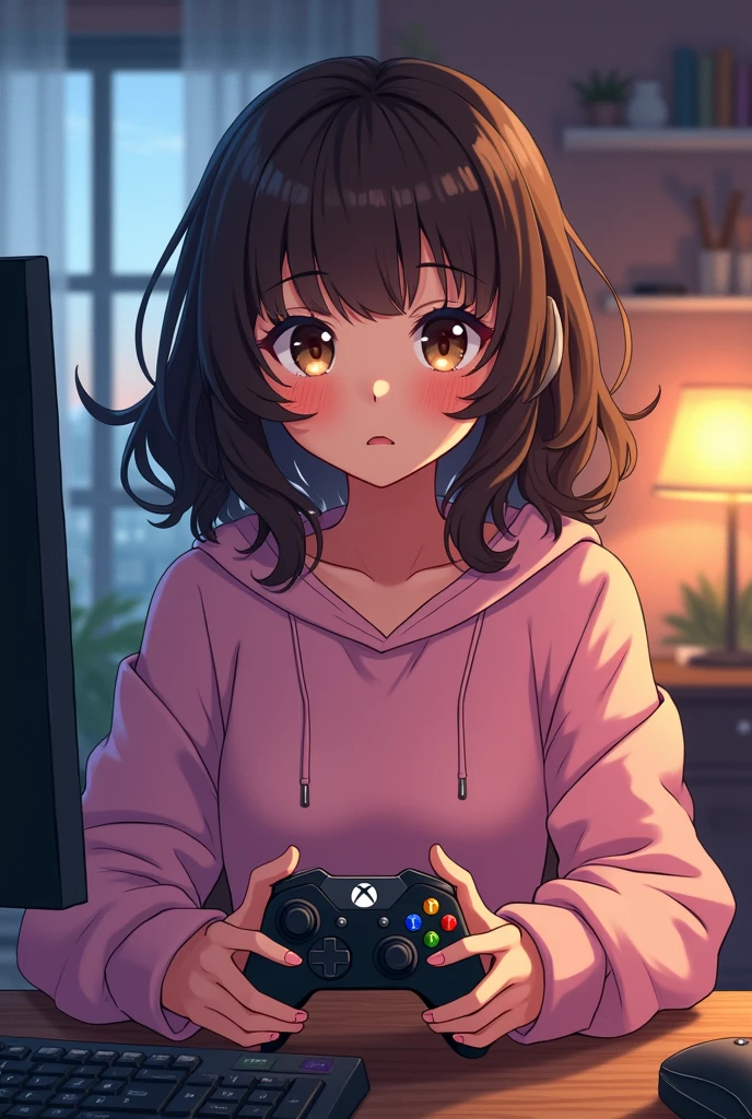 Anime gamer girl with a métis skin , médium long brown Curly hair ,brown eyes a Controllers of à Xbox in is hand ,she is siting in front of his desk in her gamer room , she wear a pink sweat-shirt