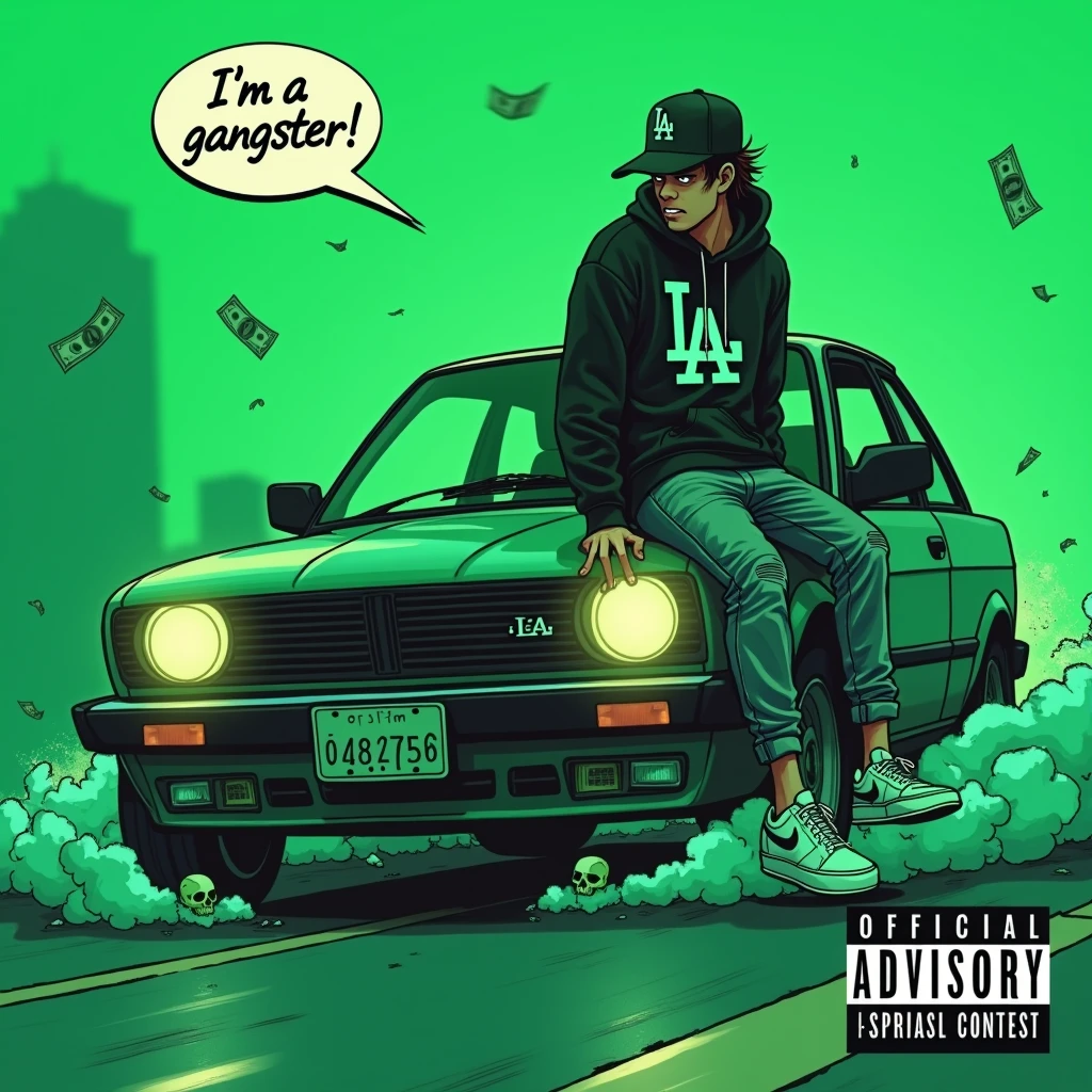 Image of a man sitting on the bonnet of a car, Yoshihiko Wada&#39;s album cover, winner of the behance contest, Doodle, official artwork, rap album cover, hip - hop album art cover, colored album art, hip hop music album cover, rap album cover art, official fanart, GTA Cover, hip hop album cover, album art cover, Cartoon character, oriental boy, Running car, Green background, green tea, Deep pressed black LA ball cap, white nike shoes, Black LA Hoodie, Baggy jeans worn down, black neighborhood, Skull, drug, The city seen from behind, korean, white smoke, Headlight light, Troublemakers, Bad boy, A lot of money flying around, Write I&#39;m a gangster like a character speech bubble, mischievous expression