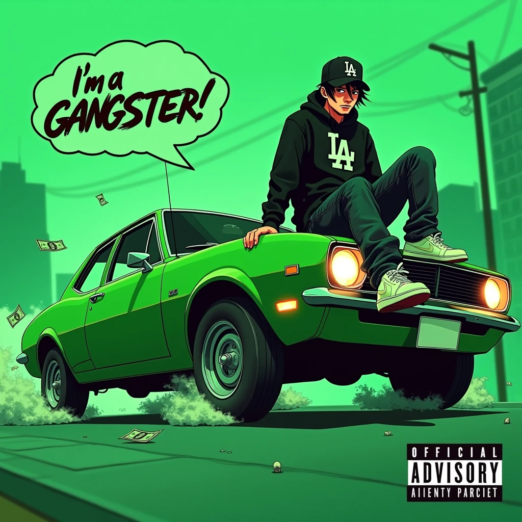 Image of a man sitting on the bonnet of a car, Yoshihiko Wada's album cover, winner of the behance contest, Doodle, official artwork, rap album cover, hip - hop album art cover, colored album art, hip hop music album cover, rap album cover art, official fanart, GTA Cover, hip hop album cover, album art cover, Cartoon character, oriental boy, Running car, Green background, green tea, Deep pressed black LA ball cap, white nike shoes, Black LA Hoodie, Baggy jeans worn down, black neighborhood, Skull, drug, The city seen from behind, korean, white smoke, Headlight light, Troublemakers, Bad boy, A lot of money flying around, Write I'm a gangster like a character speech bubble, mischievous expression