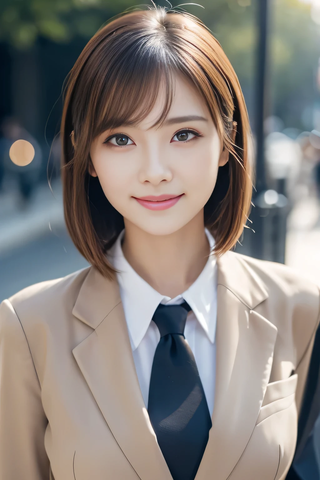 Tabletop, Highest quality, Realistic, Very detailed, finely, High resolution, 8k wallpaper, Cinema Lighting、1 person、Beautiful Japanese Women、30 years old、light brown straight bob hair, Wear a business suit, (Blurred Background、Station platform、noon、Light of the sun)、Sharp focus, Perfect dynamic composition, Narrow eyes:1.5, finelyて美しい目, Thin Hair, Detailed and Realistic skin texture, (Smile:1.3), (Tilt your head), Close-up portrait, Model body type