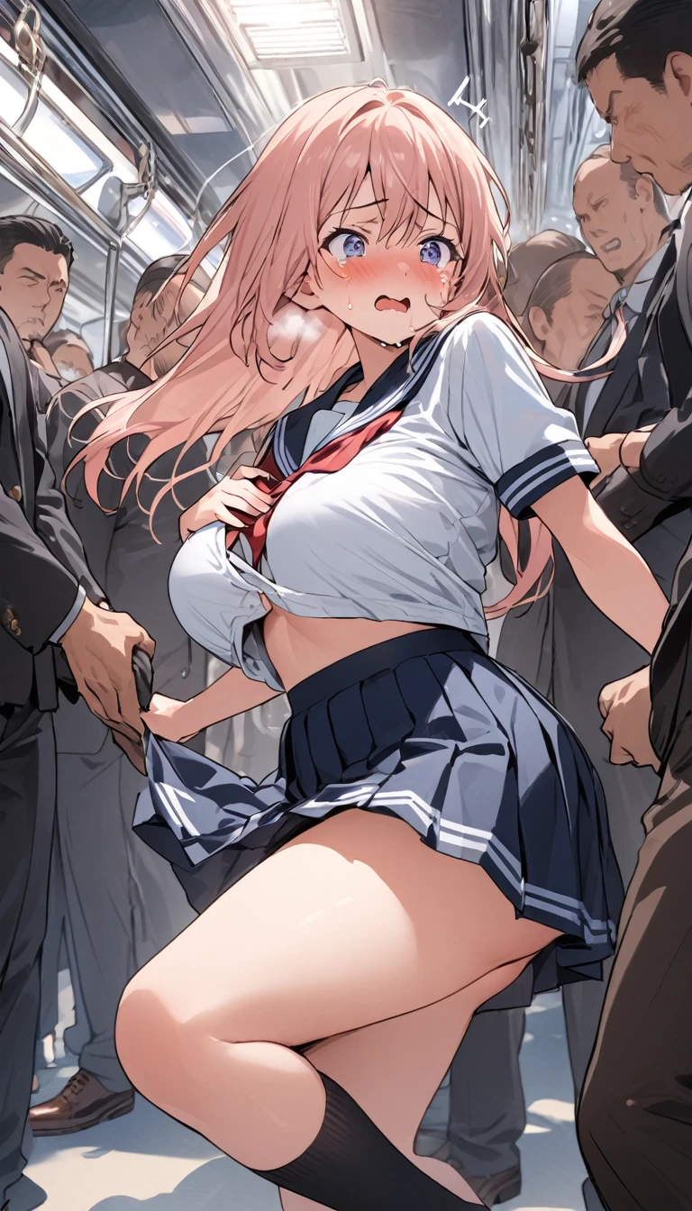 A thin female student with small breasts,{Crying},station,large crowd of people,pussy juice,panty lift,school uniform,nsfw