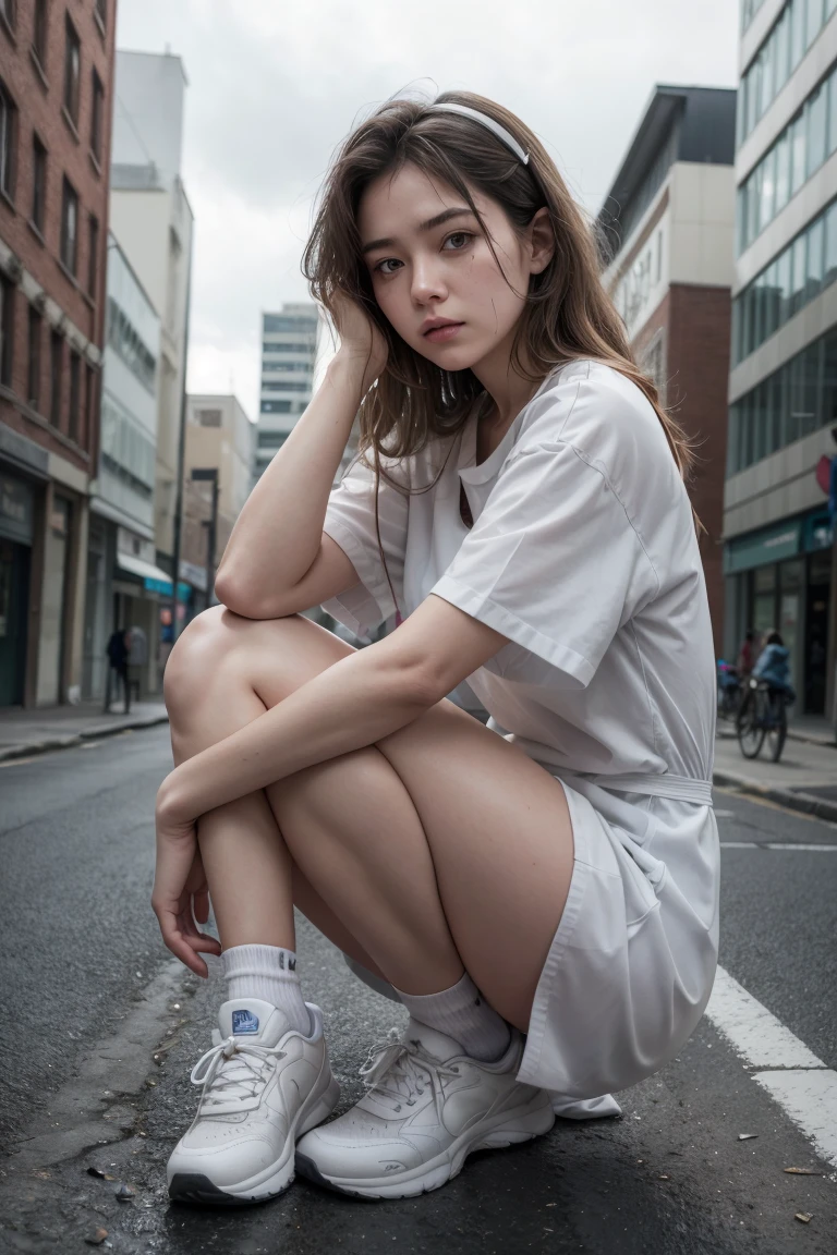 An 1 girl, big , very thin and athletic, wearing a nurse's outfit. The outfit consists of a white dress and white shoes. The scene is set on a deserted city street, with broken-down buildings and abandoned cars. The camera follows her as she sits on the brick, her head in her hands. The image is rendered in ultra-realistic detail, with every wrinkle in her clothes and every strand of her hair visible. The lighting is bleak and hopeless, with a cold, gray sky.