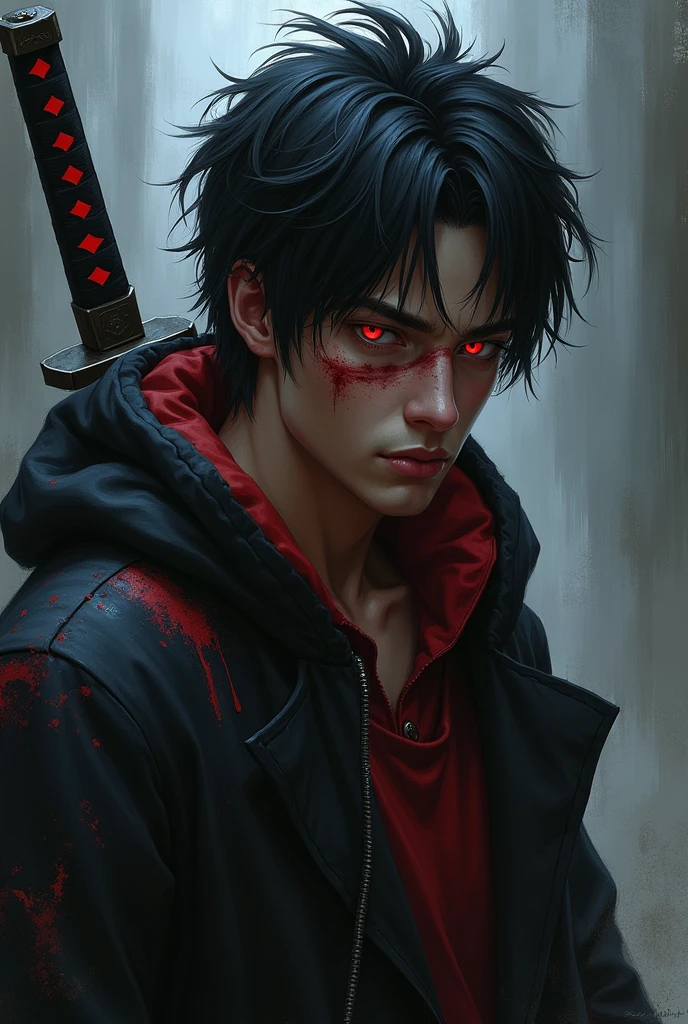 An injured male character with red eyes, black hair tossed to one side, black sweatshirt with red details, and a katana 