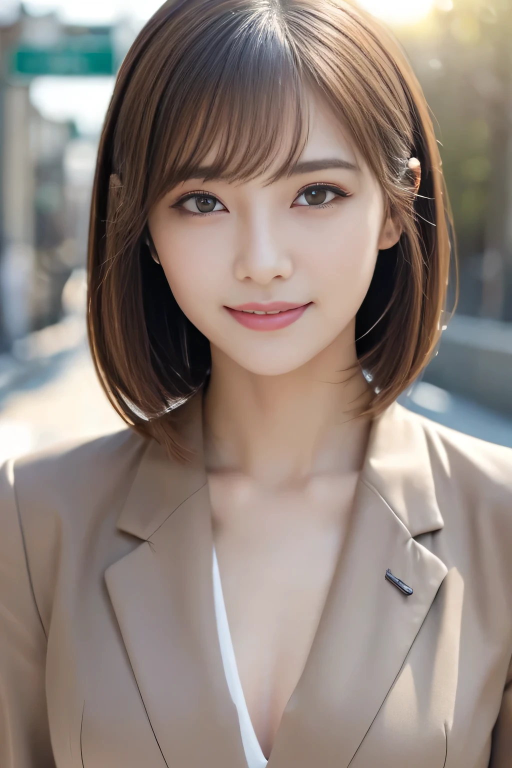 Tabletop, Highest quality, Realistic, Very detailed, finely, High resolution, 8k wallpaper, Cinema Lighting、1 person、Beautiful Japanese Women、30 years old、light brown straight bob hair, Wear a business suit, (Blurred Background、Station platform、noon、Light of the sun)、Sharp focus, Perfect dynamic composition, Narrow eyes:1.5, finelyて美しい目, Thin Hair, Detailed and Realistic skin texture, (Smile:1.3), (Tilt your head), Close-up portrait, Model body type