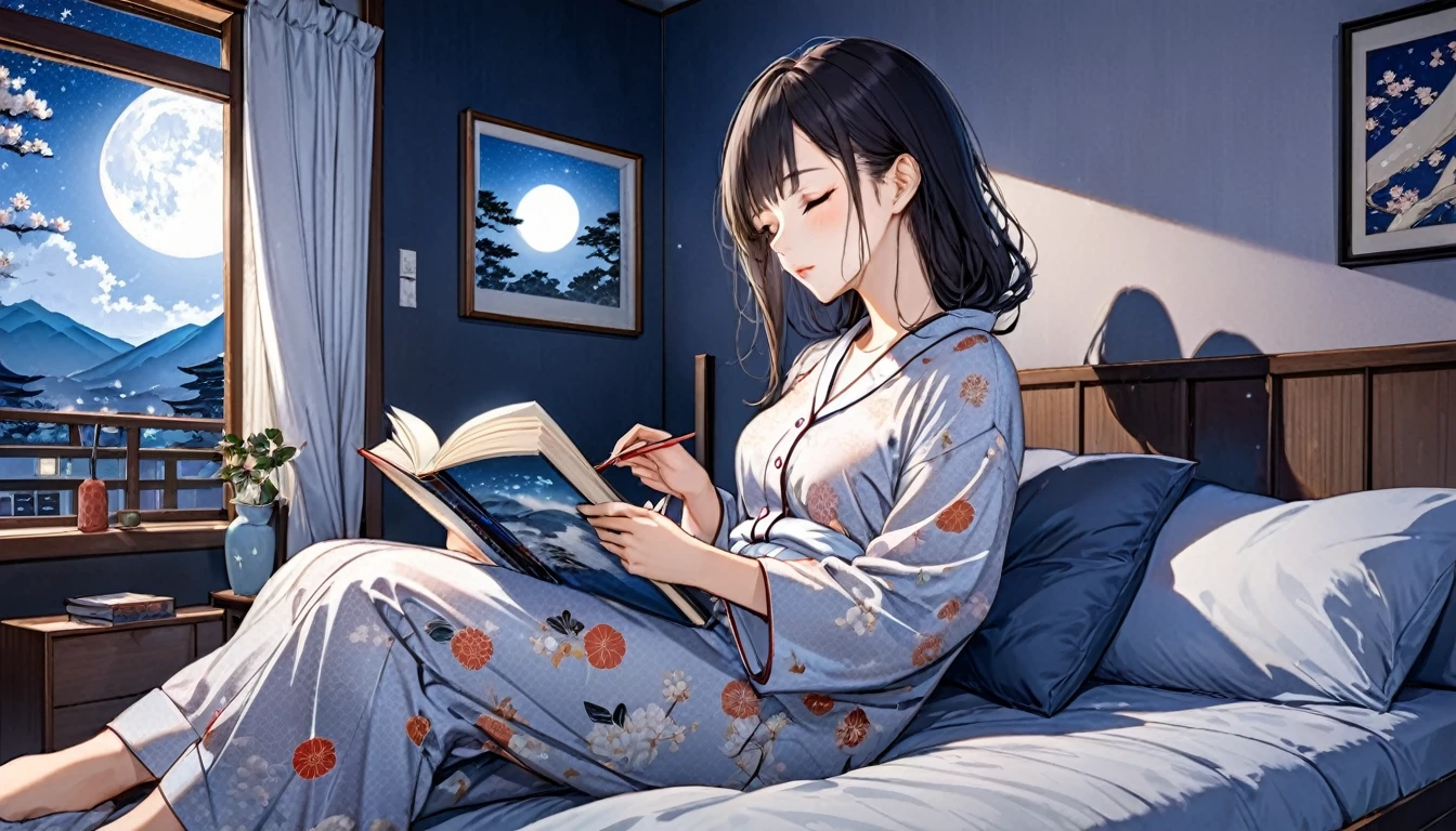 Ukiyo-e, Japanese painting, woodblock print, anime, manga, comics, figure, Beautiful woman,Wearing modern pajamas, Night sky from window,Falling asleep while reading a romance novel、The soft moonlight illuminates her face、Cozy bedroom setting、Romantic and tranquil atmosphere、Photorealistic、Very detailed