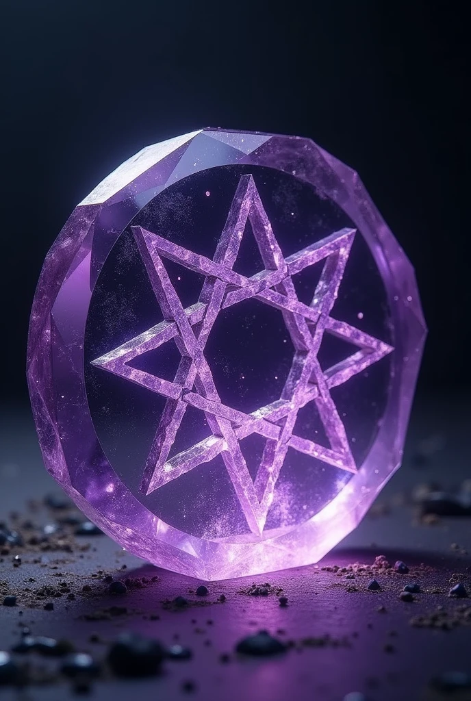 Realistic, violet circle stone, crystal, eight-pointed star into, black background