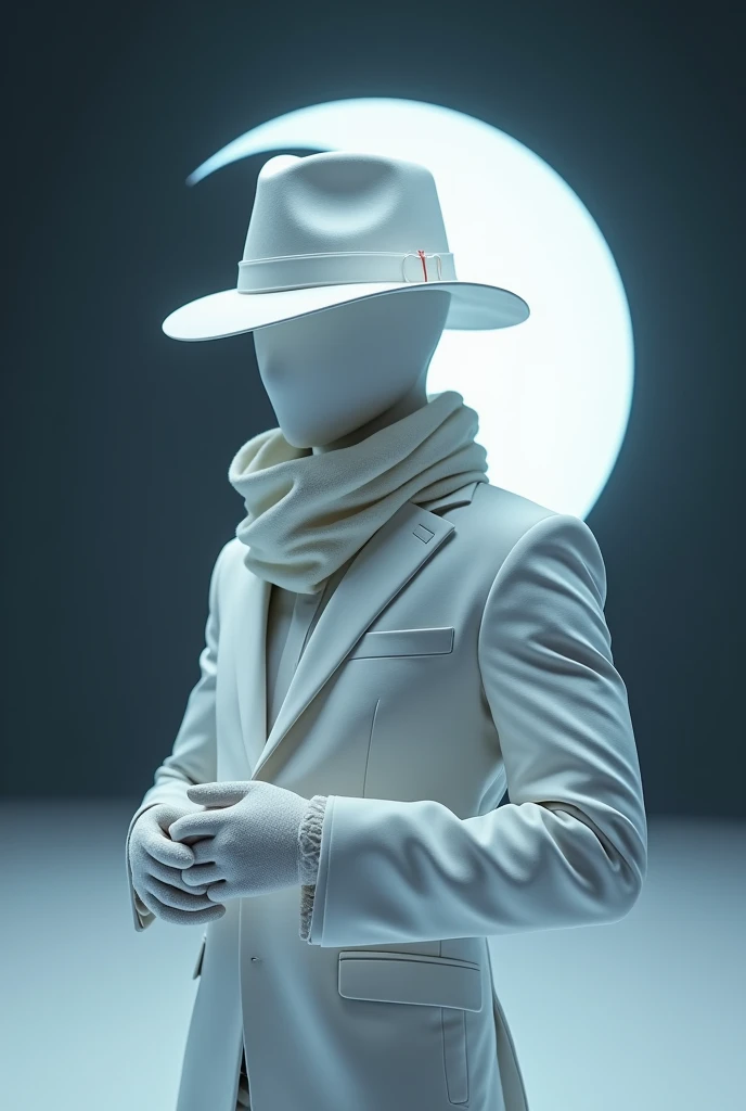 A man wears, white fedora hat with red small ribbon on the side of the hat, white glove, white suit, white glowing face, faceless, yin and yang symbol on behind above the moon, roblox, right view, void head, white winter scaft