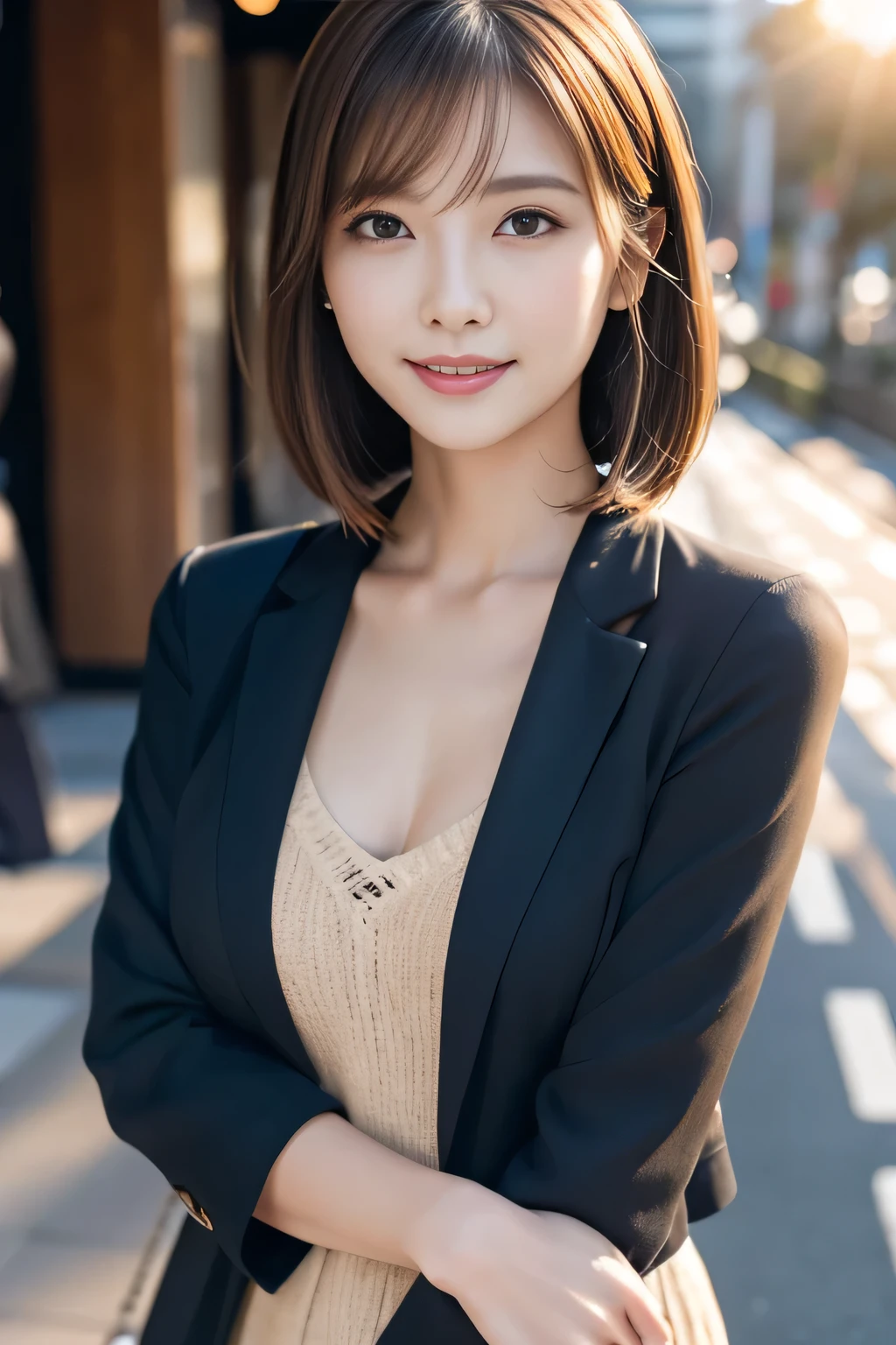 Tabletop, Highest quality, Realistic, Very detailed, finely, High resolution, 8k wallpaper, Cinema Lighting、1 person、Beautiful Japanese Women、30 years old、light brown straight bob hair, Wear a business suit, (Blurred Background、Station platform、noon、Light of the sun)、Sharp focus, Perfect dynamic composition, Narrow eyes:1.5, finelyて美しい目, Thin Hair, Detailed and Realistic skin texture, (Smile:1.3), (Tilt your head), Close-up portrait, Model body type
