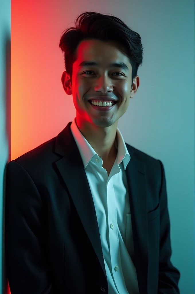 A young man with dark hair and a confident smile. He is dressed in a black blazer over a white shirt. The man is positioned against aqua colour backdrop with a subtle red lighting on the left side. and he posing for Linkedin profile