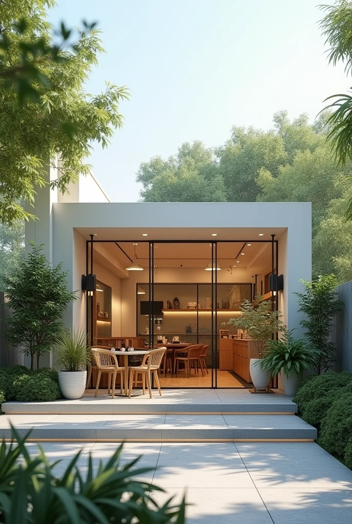 Picture the whole exterior building of a modern aesthetic and a light vibe of Serenity Café