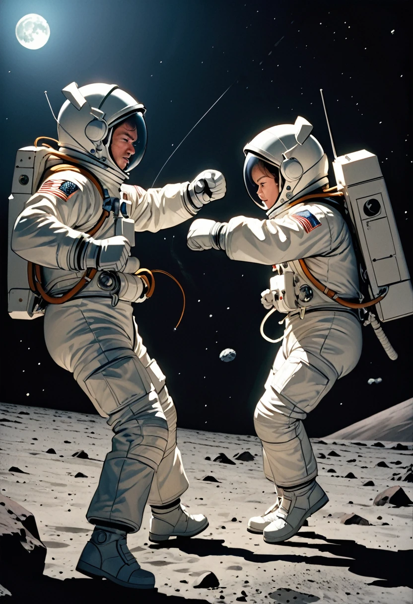 (masterpiece, best quality),(two astronauts fist fighting), quarrel,grappling, fighting each other,fighting pose,Punch, kick, Knuckle! ,1969 moon landing video, moon surface, Apollo 11, lo-fi,