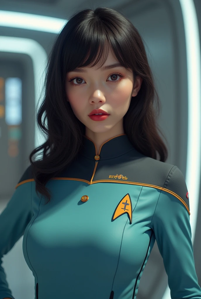 A girl with dark brown wavy hair in a medium length, with bangs, With dark brown almond-shaped eyes and a pinkish complexion , thin red lips and with the medical uniform. the Star Trek
