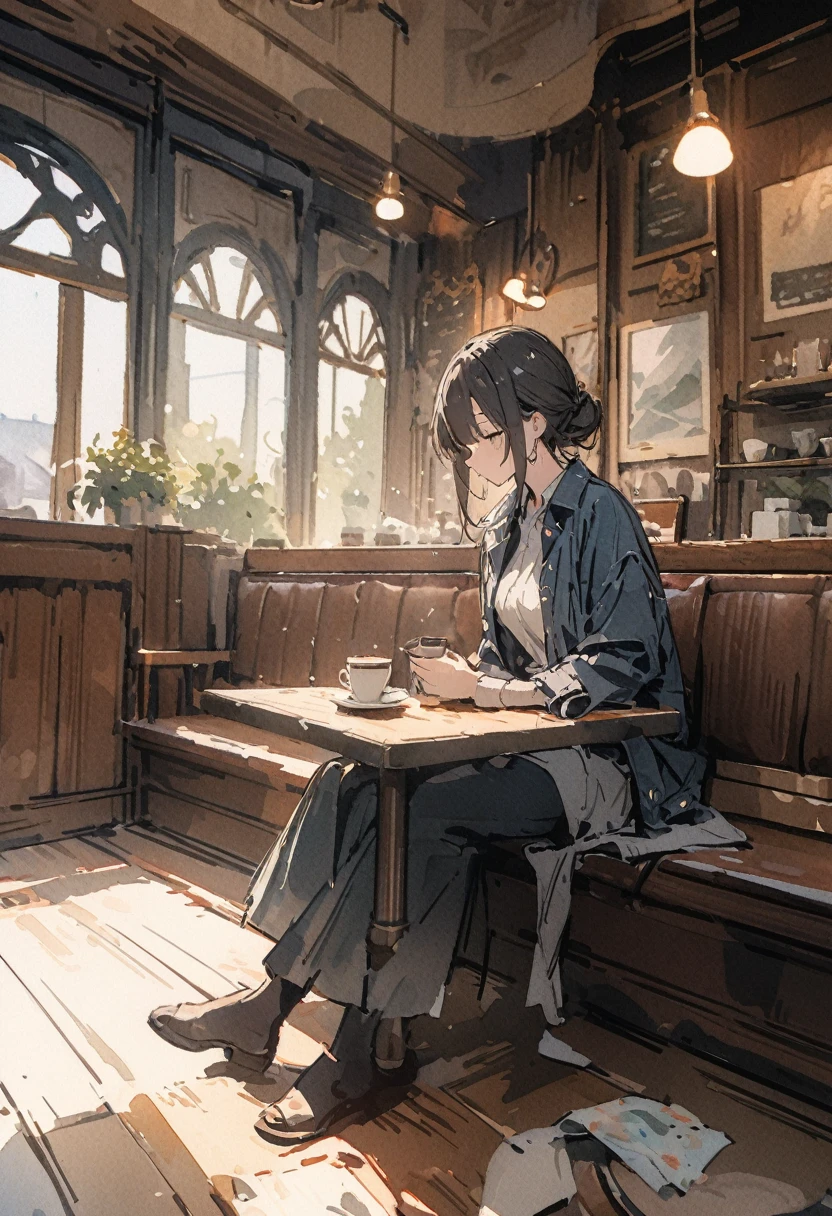 masterpiece,最high quality,Very detailed,High resolution backgrounds,8k,there is nothing,high quality,break,japanese manga style, sketch, Watercolor Colors,Cafe with a nice atmosphere,antique interior,Stylish interior,sits,slowly,relax,coffee, 