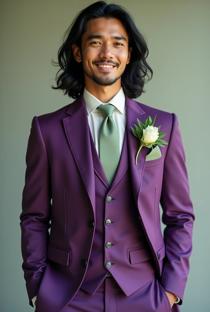 A dusty purple wedding suit with sage green accents on a Italian, white, black, and Phillipino man with shoulder leaght wavy balck hair with no facial hair and is smiling sweetly