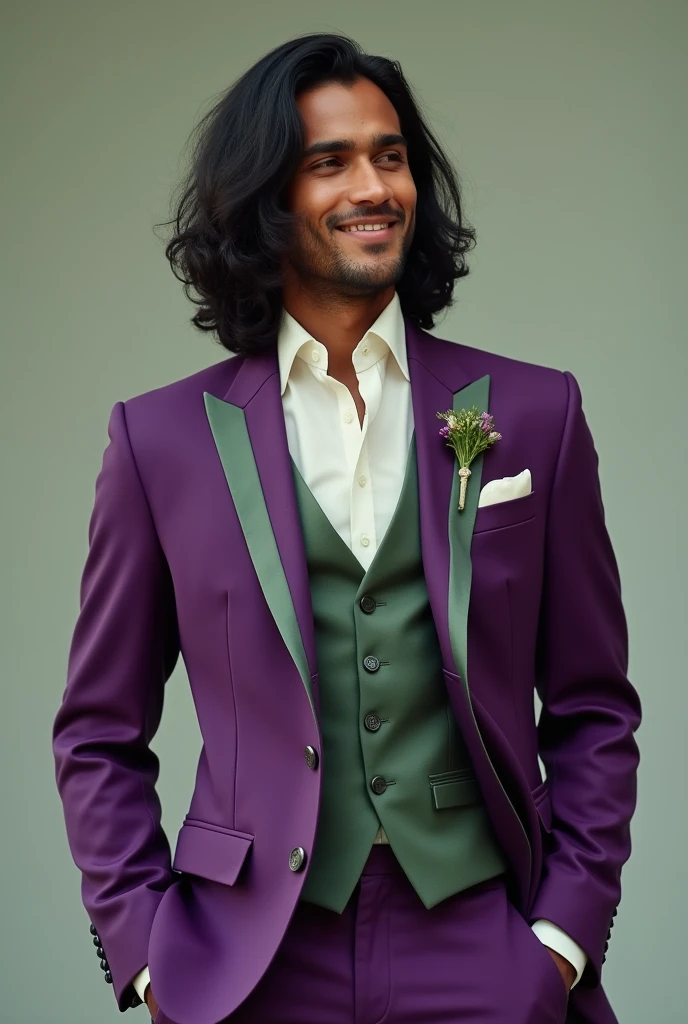 A dusty purple wedding suit with sage green accents on a Italian, white, black, and Phillipino man with shoulder leaght wavy balck hair with no facial hair and is smiling sweetly